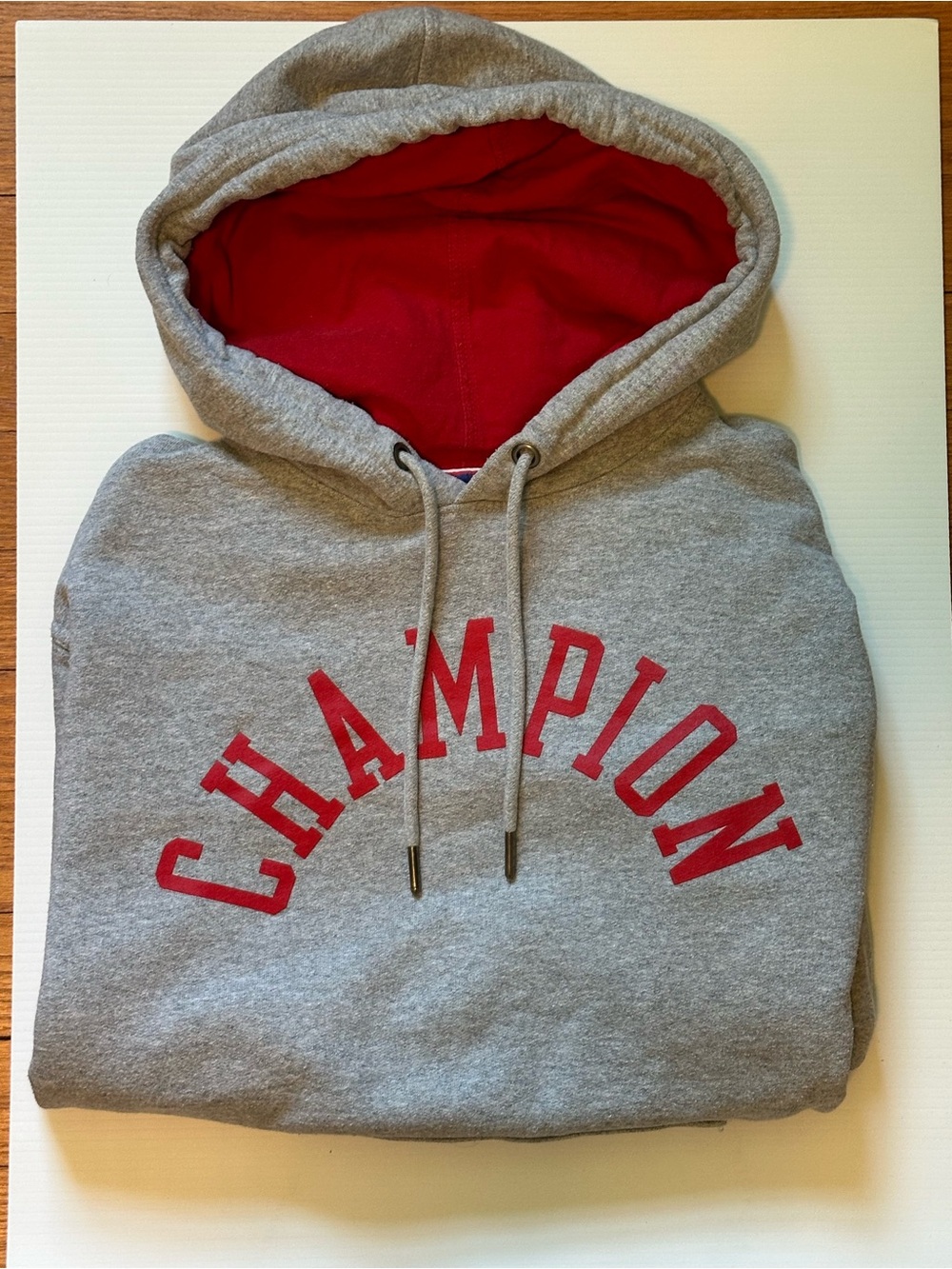Champion Grey Hoodie with Red Hood Lining and Red Logo